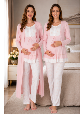 Effortt 9054 Puan Detaylı Pudra Pembe Sabahlıklı Lohusa Pijama Takımı